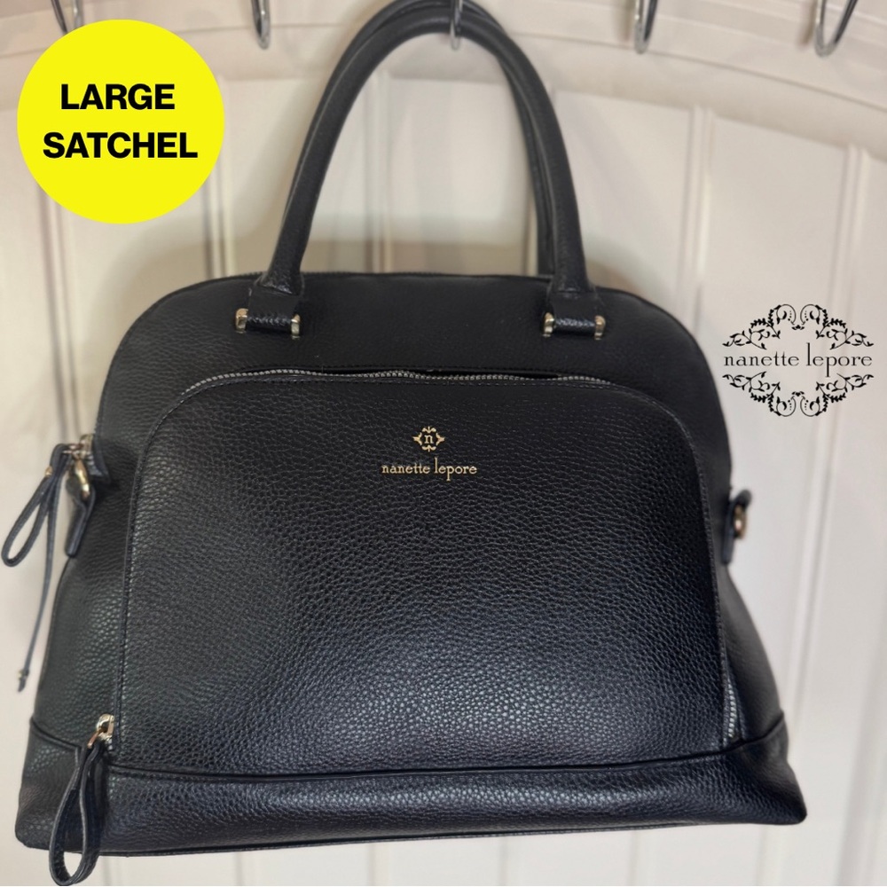 NANETTE LEPORE 🖤 Large Black Leather Satchel, Double Pockets, Gold
